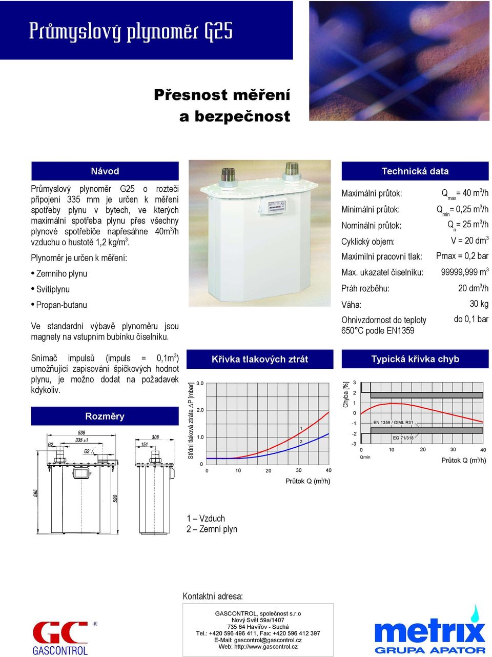 65 C podle EN59 = 4 m /h =,5 m /h = 5 m /h V = dm Pmax =, bar dm /h kg do, bar Snímač impulsů (impuls