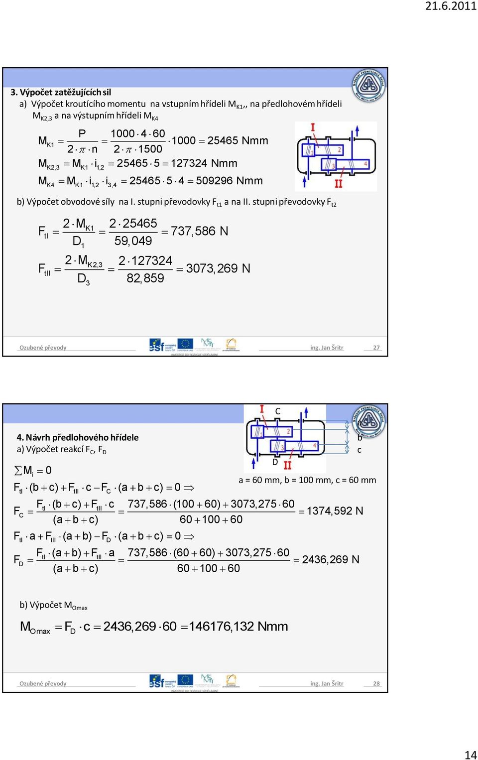 stupni převodovky F t2 F F ti tii 2 MK1 2 25465 D 59,049 1 2MK2,3 2 127324 D 82,859 3 737,586 N 3073,269 N ing. Jan Šritr 27 4.