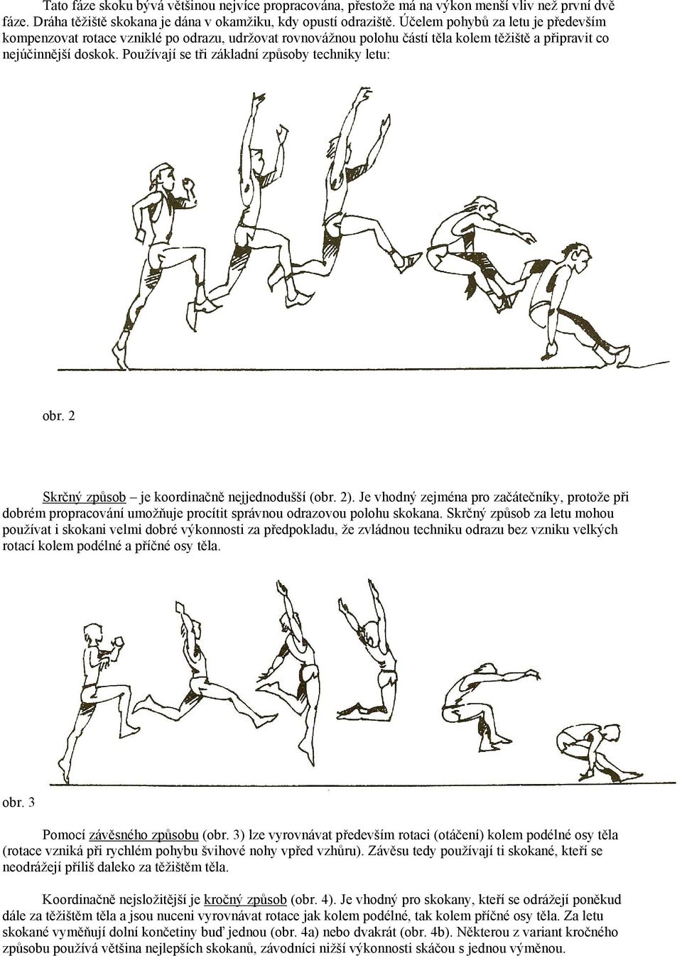 Používají se tři základní způsoby techniky letu: obr. 2 Skrčný způsob je koordinačně nejjednodušší (obr. 2).