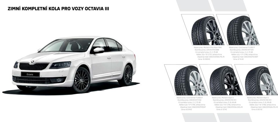 116 Kč Název pneu: Continental TS 850 P Rozměry pneu: 205/50 R17 93V EU označení pneu: C; C; 72 db Ráfek: 6,0J 17" ET45, lehká slitina Objednací kód: CBX205507F850P Cena: 8 014 Kč Název pneu: