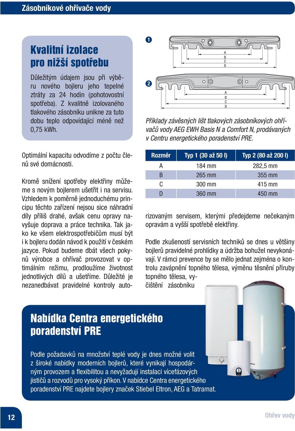 Příklady závěsných lišt tlakových zásobníkových ohřívačů vody AEG EWH Basis N a Comfort N, prodávaných v Centru energetického poradenství PRE.