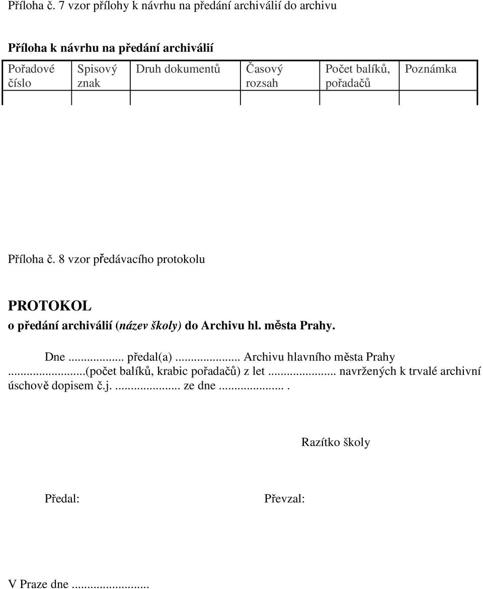 Druh dokumentů Časový rozsah Počet balíků, pořadačů Poznámka  8 vzor předávacího protokolu PROTOKOL o předání archiválií (název