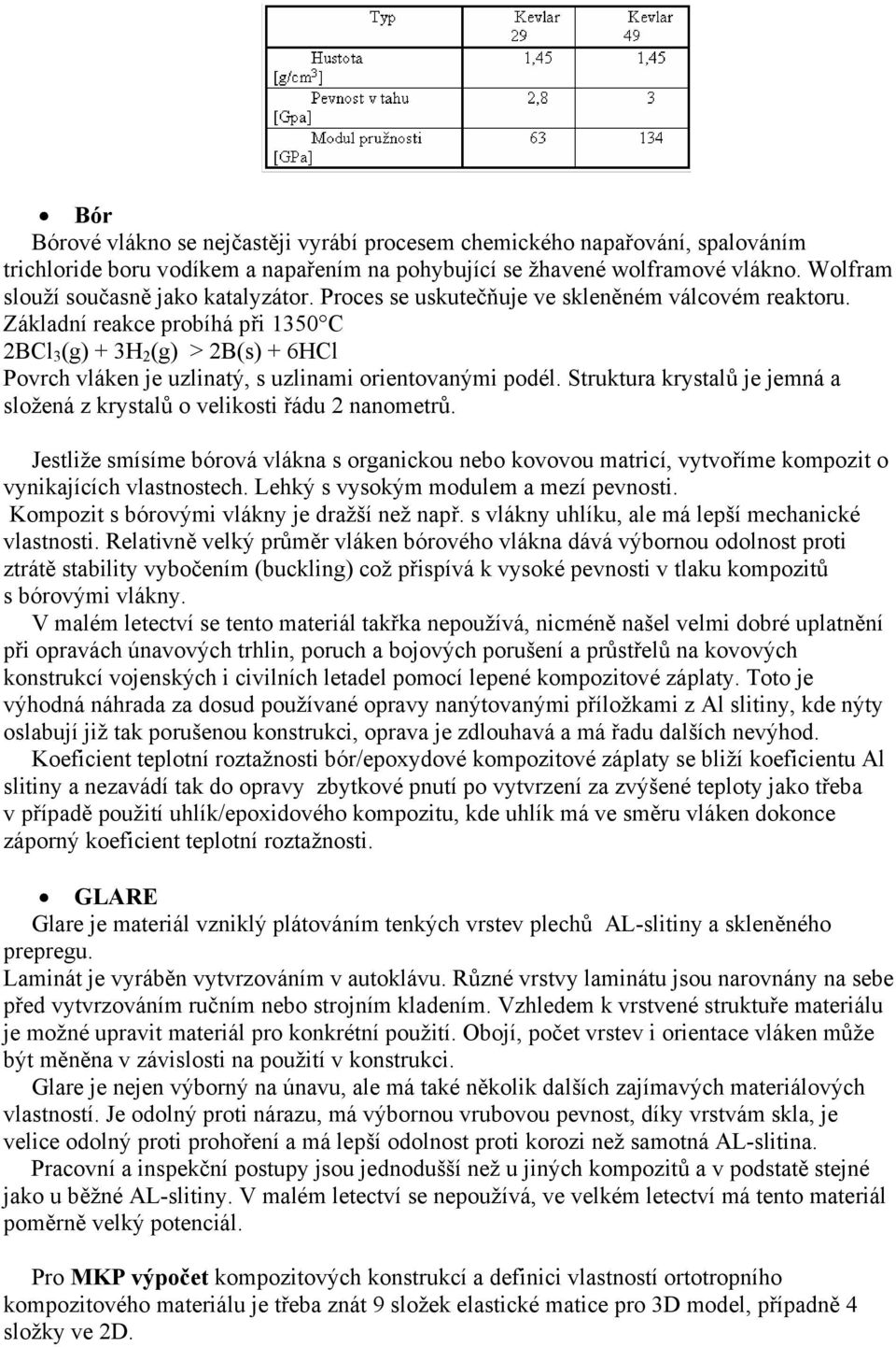 Základní reakce probíhá při 1350 C 2BCl 3 (g) + 3H 2 (g) > 2B(s) + 6HCl Povrch vláken je uzlinatý, s uzlinami orientovanými podél.