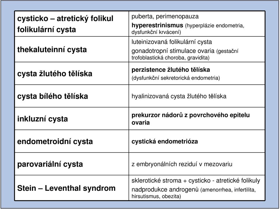 cysta bílého tělíska hyalinizovaná cysta žlutého tělíska inkluzní cysta prekurzor nádorů z povrchového epitelu ovaria endometroidní cysta cystická endometrióza parovariální