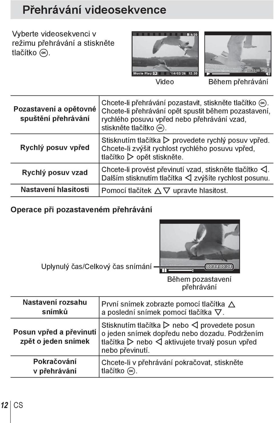 přehrávání Chcete-li přehrávání pozastavit, stiskněte tlačítko A. Chcete-li přehrávání opět spustit během pozastavení, rychlého posuvu vpřed nebo přehrávání vzad, stiskněte tlačítko A.