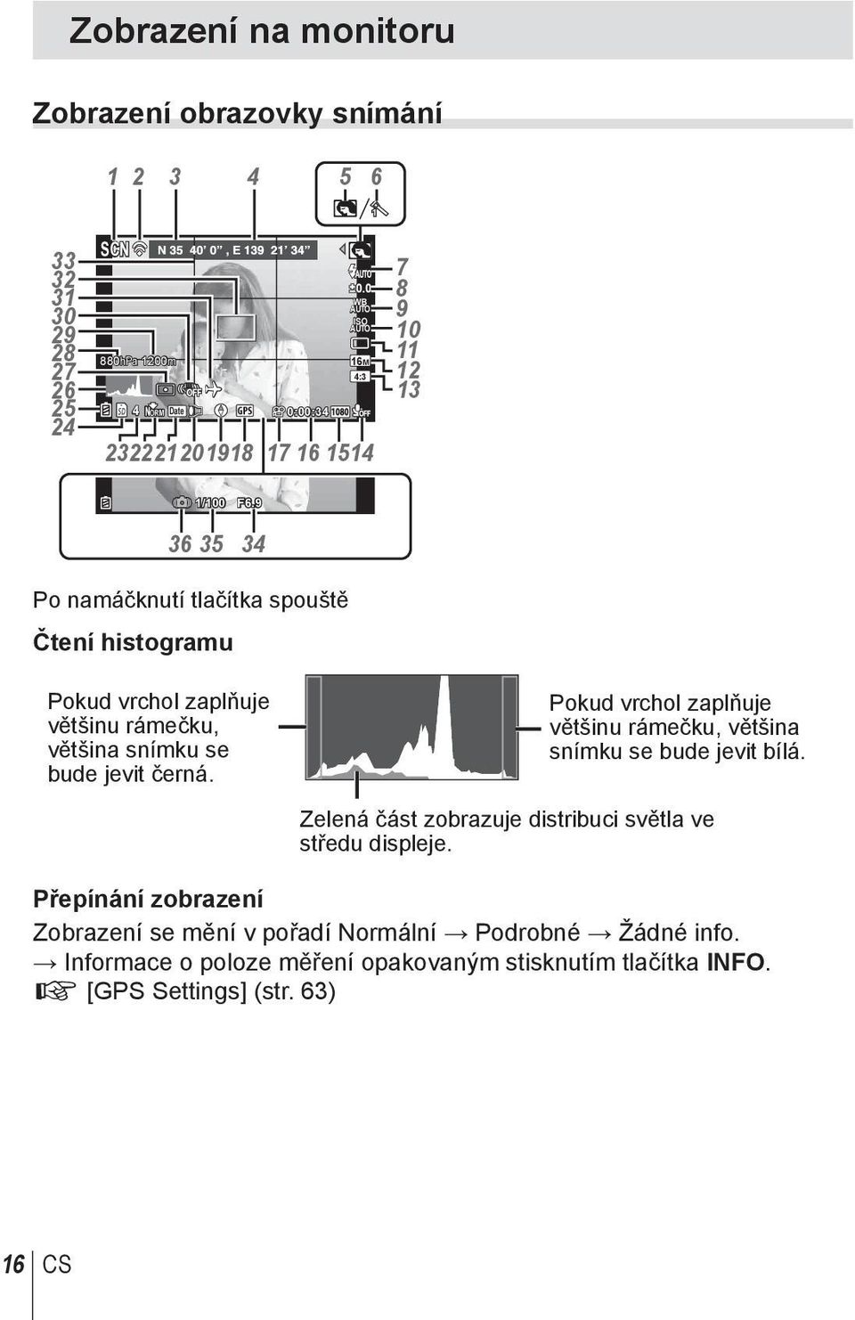 9 36 35 34 Po namáčknutí tlačítka spouště Čtení histogramu Pokud vrchol zaplňuje většinu rámečku, většina snímku se bude jevit černá.