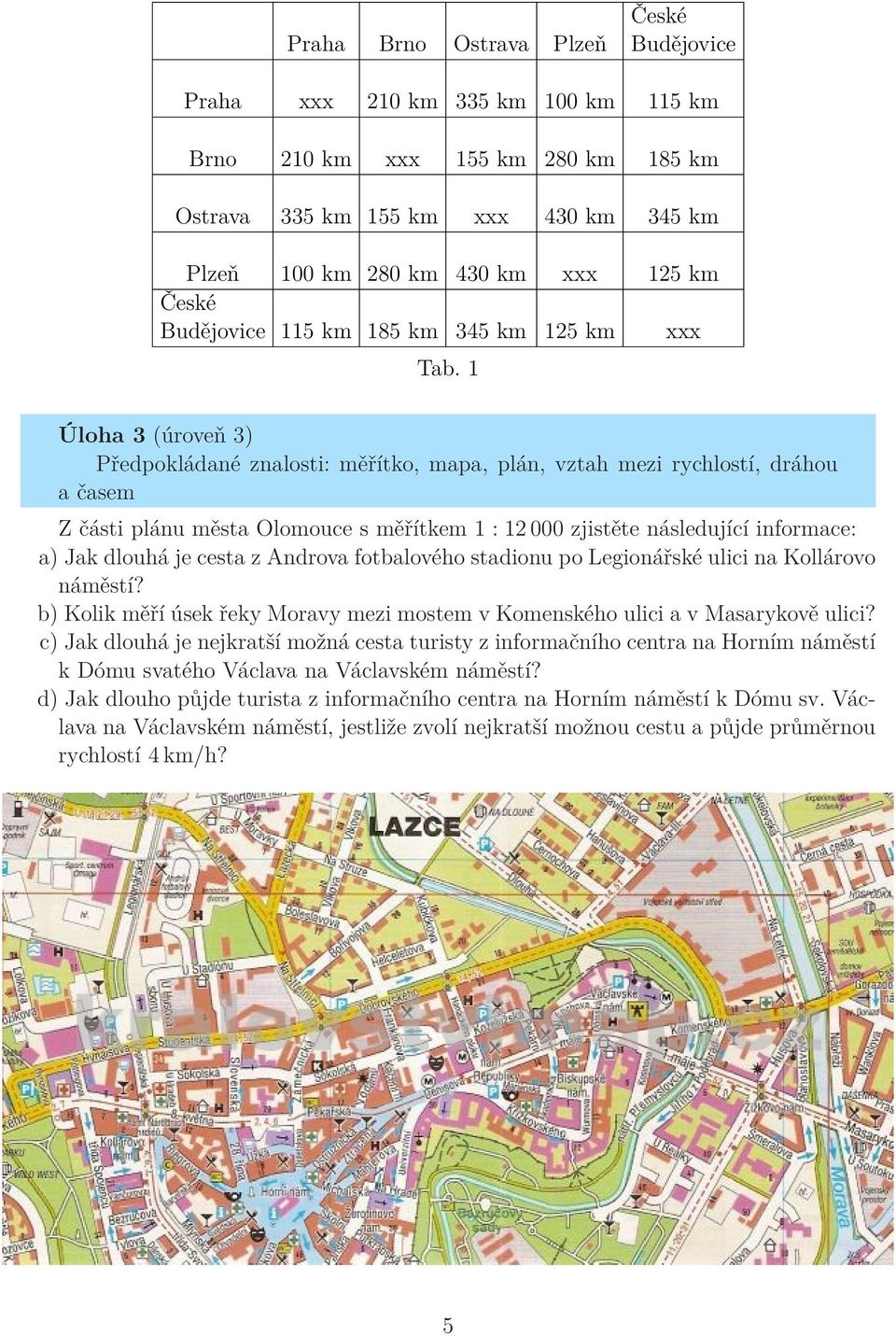 1 Úloha 3 (úroveň 3) Předpokládané znalosti: měřítko, mapa, plán, vztah mezi rychlostí, dráhou a časem Z části plánu města Olomouce s měřítkem 1 : 12 000 zjistěte následující informace: a) Jak dlouhá