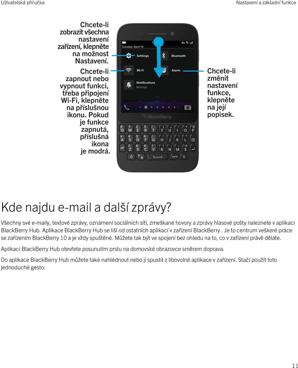 Aplikace BlackBerry Hub se liší od ostatních aplikací v zařízení BlackBerry. Je to centrum veškeré práce se zařízením BlackBerry 10 a je vždy spuštěné.