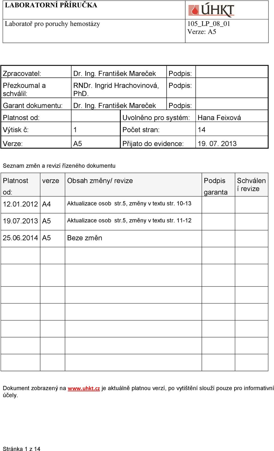 2013 Seznam změn a revizí řízeného dokumentu Platnost od: verze Obsah změny/ revize Podpis garanta 12.01.2012 A4 Aktualizace osob str.5, změny v textu str.