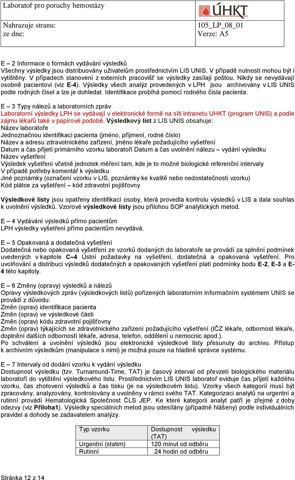 Výsledky všech analýz provedených v LPH jsou archivovány v LIS UNIS podle rodných čísel a lze je dohledat. Identifikace probíhá pomocí rodného čísla pacienta.