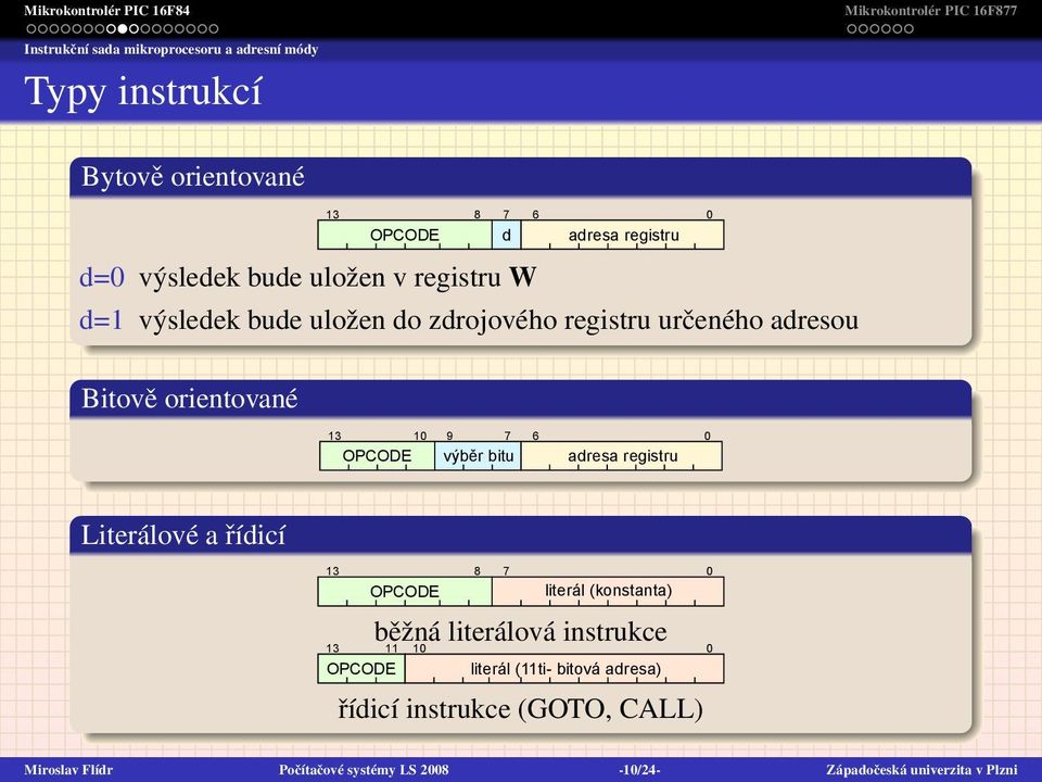 výběr bitu adresa registru Literálové a řídicí 13 8 7 0 OPCODE literál (konstanta) běžná literálová instrukce 13 11 10 0 OPCODE