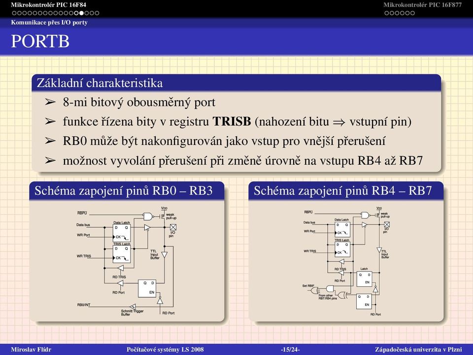 přerušení možnost vyvolání přerušení při změně úrovně na vstupu RB4 až RB7 Schéma zapojení pinů RB0