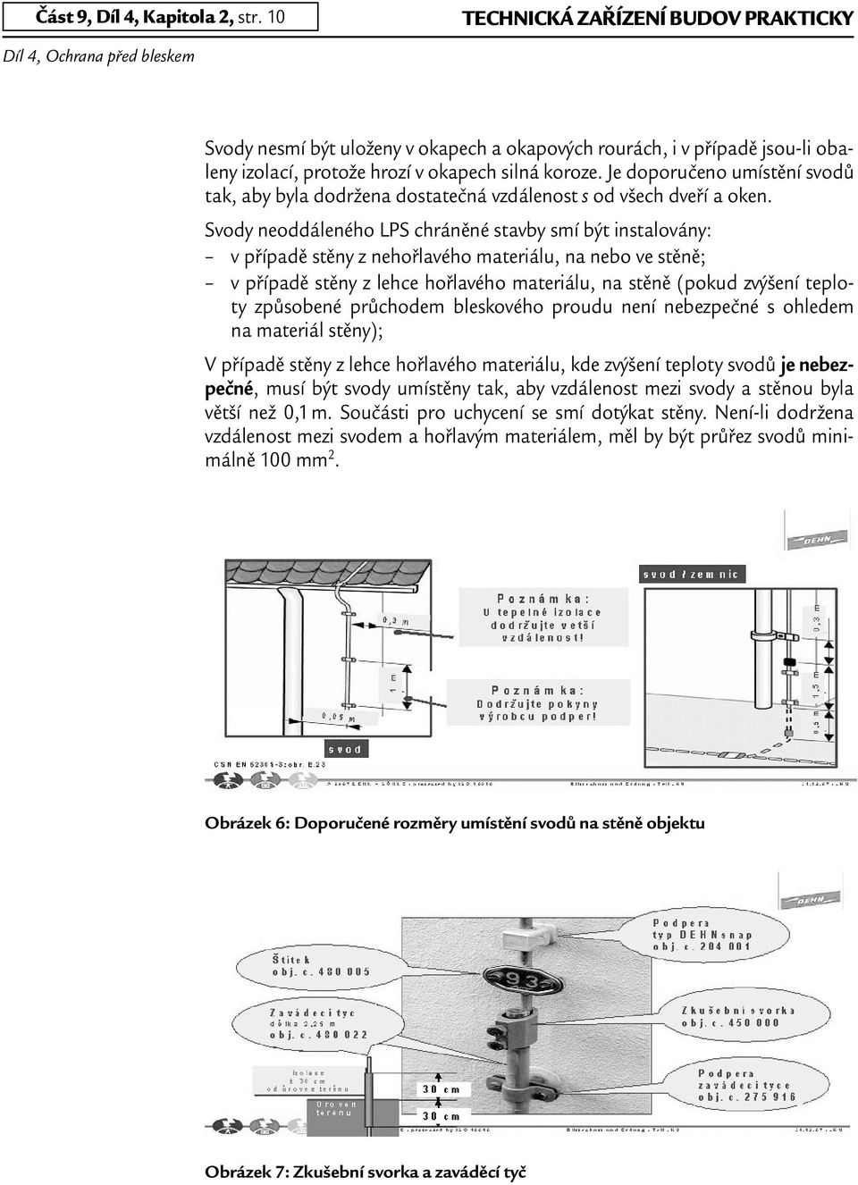 Svody neoddáleného LPS chráněné stavby smí být instalovány: v případě stěny z nehořlavého materiálu, na nebo ve stěně; v případě stěny z lehce hořlavého materiálu, na stěně (pokud zvýšení teploty