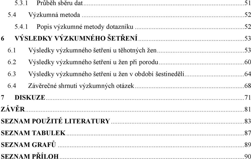 ..60 6.3 Výsledky výzkumného šetření u žen v období šestinedělí...64 6.4 Závěrečné shrnutí výzkumných otázek.