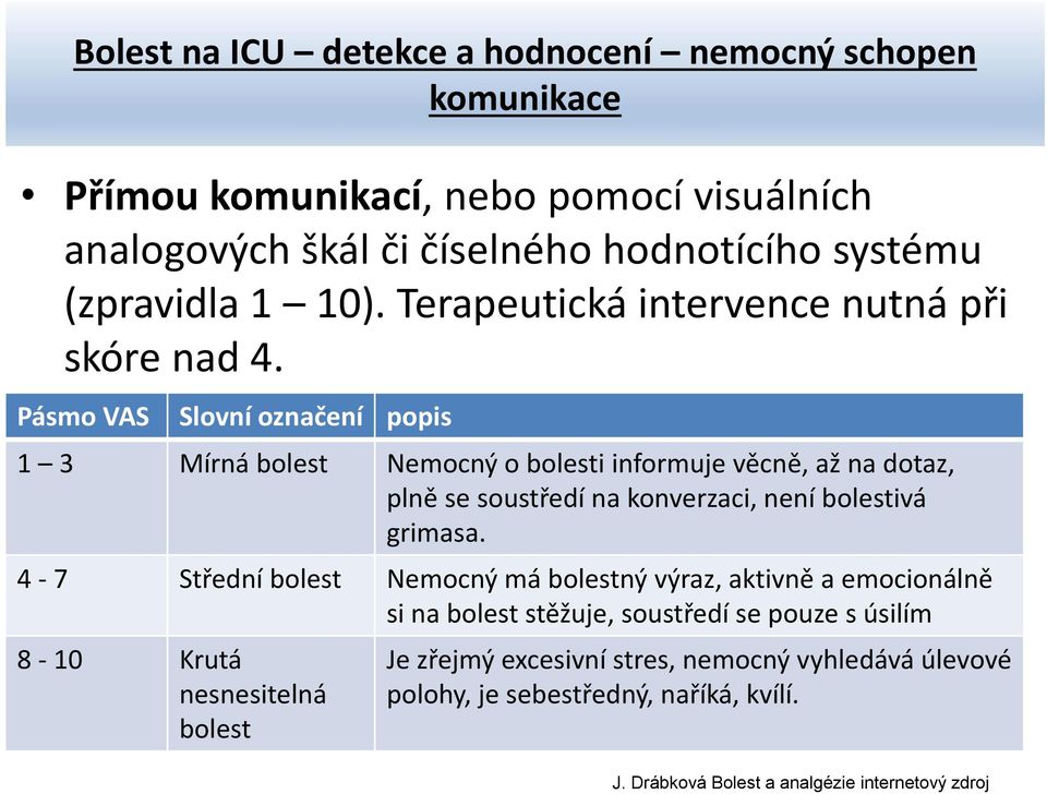 Pásmo VAS Slovní označení popis 1 3 Mírná bolest Nemocný o bolesti informuje věcně, až na dotaz, plně se soustředí na konverzaci, není bolestivá grimasa.