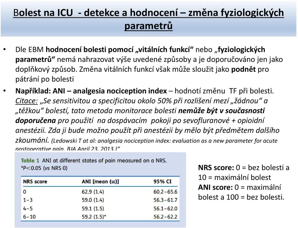 Citace: Se sensitivitou a specificitou okolo 50% při rozlišení mezí žádnou a těžkou bolestí, tato metoda monitorace bolesti nemůže být v současnosti doporučena pro použití na dospávacím pokoji po