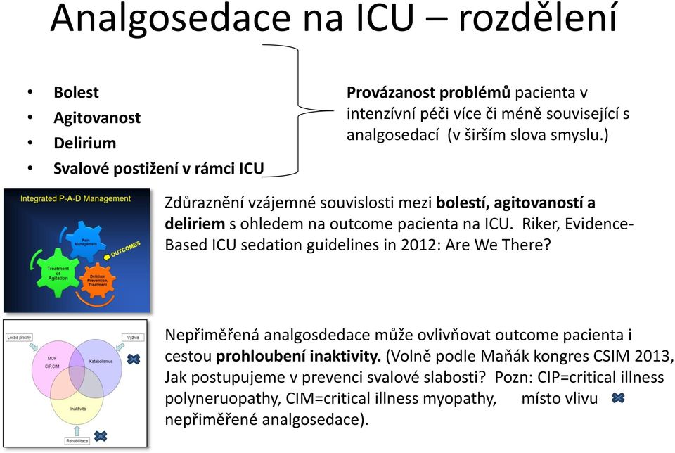 Riker, Evidence- Based ICU sedation guidelines in 2012: Are We There? Nepřiměřená analgosdedace může ovlivňovat outcome pacienta i cestou prohloubení inaktivity.