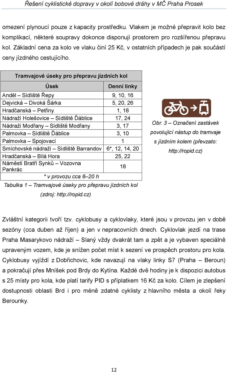 Tramvajové úseky pro přepravu jízdních kol Úsek Tabulka 1 Tramvajové úseky pro přepravu jízdních kol (zdroj: http://ropid.