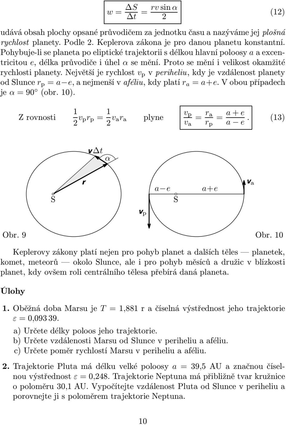 největšíjerychlost v p vperiheliu,kdyjevzdálenostplanety odslunce r p = a e,anejmenšívaféliu,kdyplatí r a = a+e.voboupřípadech je α=90 (obr.10).