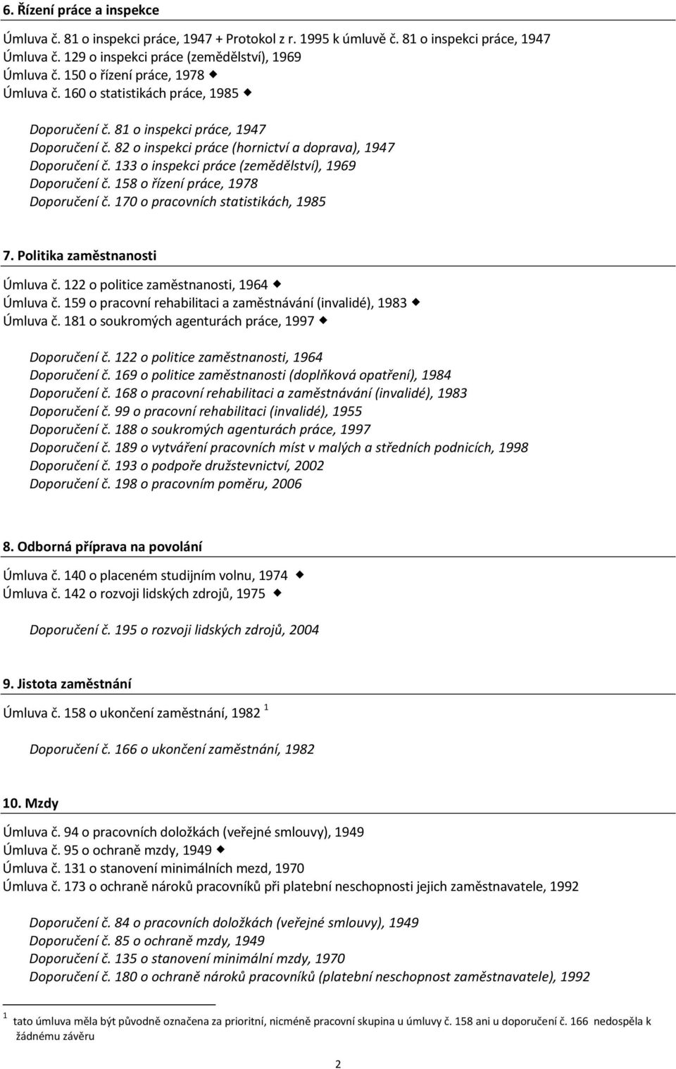 133 o inspekci práce (zemědělství), 1969 Doporučení č. 158 o řízení práce, 1978 Doporučení č. 170 o pracovních statistikách, 1985 7. Politika zaměstnanosti Úmluva č.