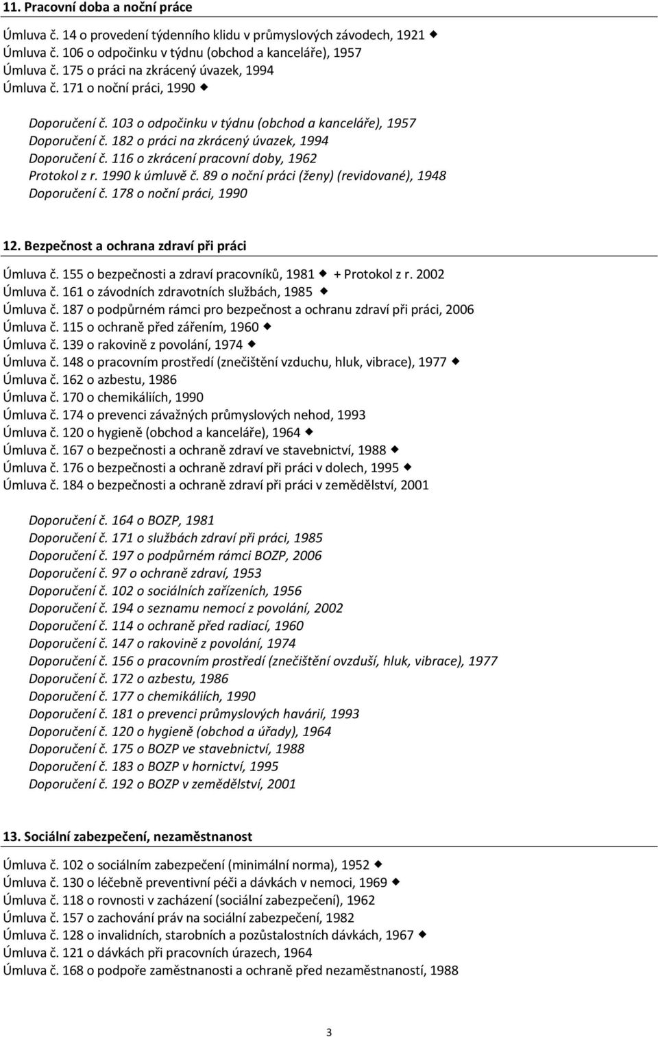 116 o zkrácení pracovní doby, 1962 Protokol z r. 1990 k úmluvě č. 89 o noční práci (ženy) (revidované), 1948 Doporučení č. 178 o noční práci, 1990 12. Bezpečnost a ochrana zdraví při práci Úmluva č.