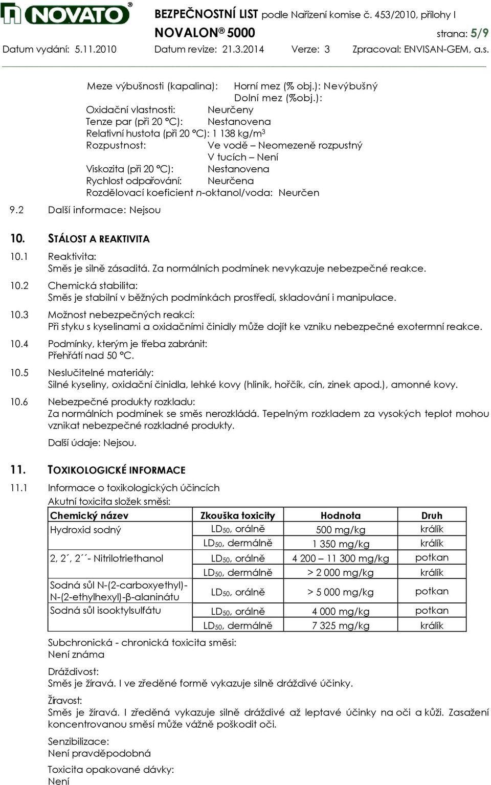 Rychlost odpařování: Neurčena Rozdělovací koeficient n-oktanol/voda: Neurčen 9.2 Další informace: Nejsou 10. STÁLOST A REAKTIVITA 10.1 Reaktivita: Směs je silně zásaditá.