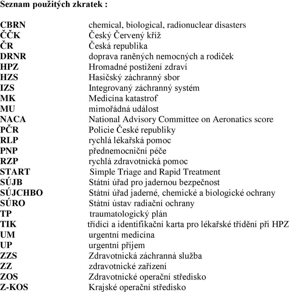 Committee on Aeronatics score Policie České republiky rychlá lékařská pomoc přednemocniční péče rychlá zdravotnická pomoc Simple Triage and Rapid Treatment Státní úřad pro jadernou bezpečnost Státní