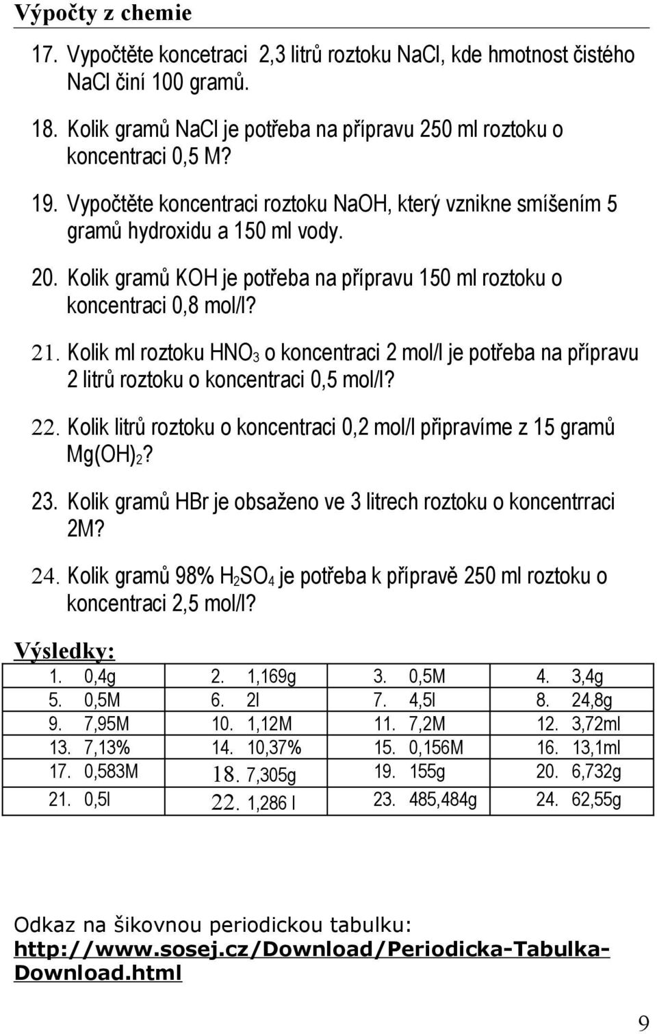 Kolik ml roztoku HNO 3 o koncentraci 2 mol/l je potřeba na přípravu 2 litrů roztoku o koncentraci 0,5 mol/l? 22. Kolik litrů roztoku o koncentraci 0,2 mol/l připravíme z 15 gramů Mg(OH) 2? 23.