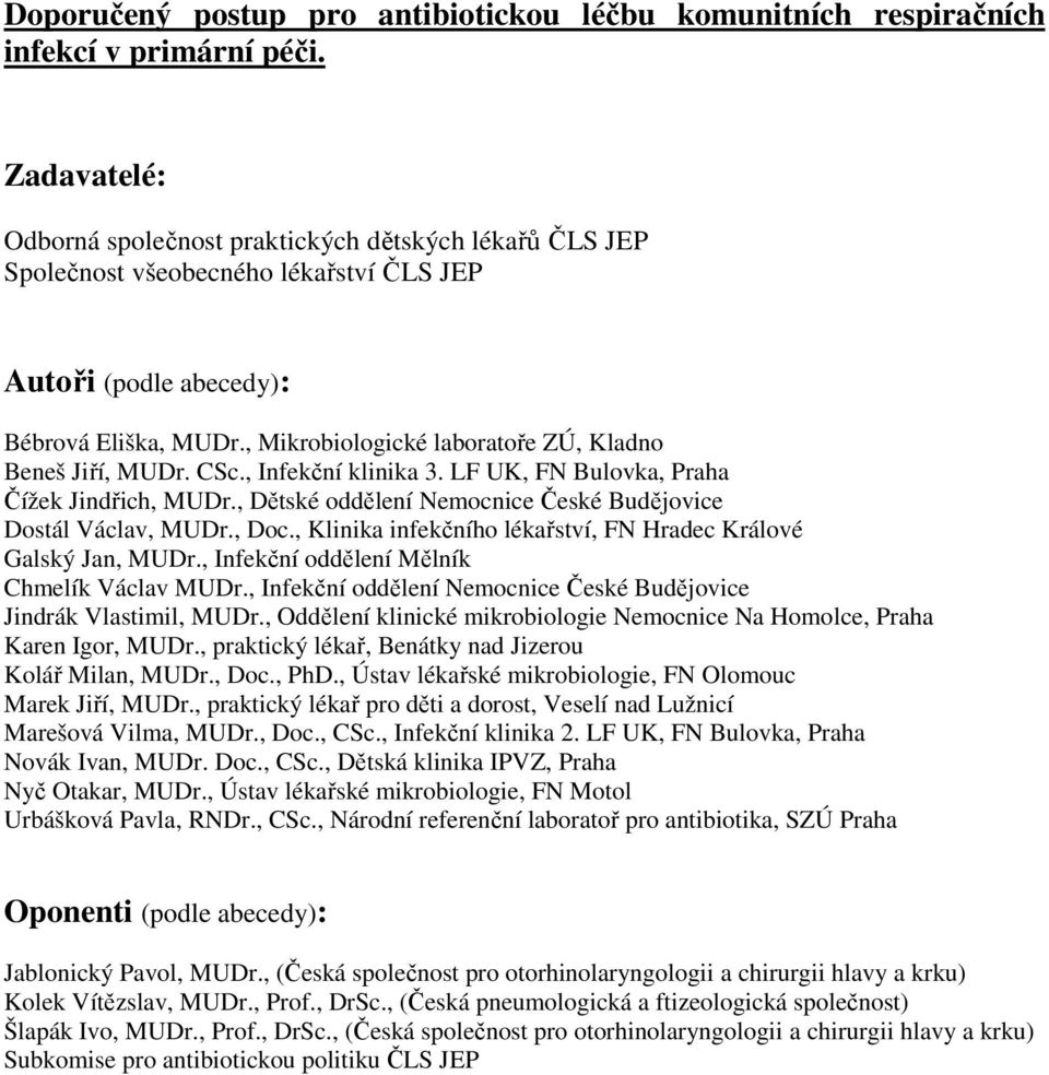 , Mikrobiologické laboratoře ZÚ, Kladno Beneš Jiří, MUDr. CSc., Infekční klinika 3. LF UK, FN Bulovka, Praha Čížek Jindřich, MUDr., Dětské oddělení Nemocnice České Budějovice Dostál Václav, MUDr.