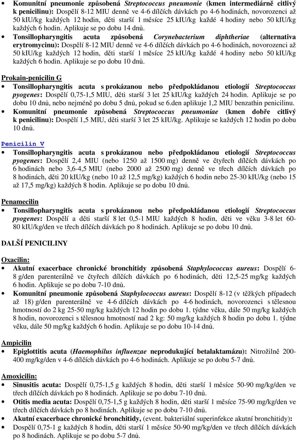 Tonsillopharyngitis acuta způsobená Corynebacterium diphtheriae (alternativa erytromycinu): Dospělí 8-12 MIU denně ve 4-6 dílčích dávkách po 4-6 hodinách, novorozenci až 50 kiu/kg každých 12 hodin,