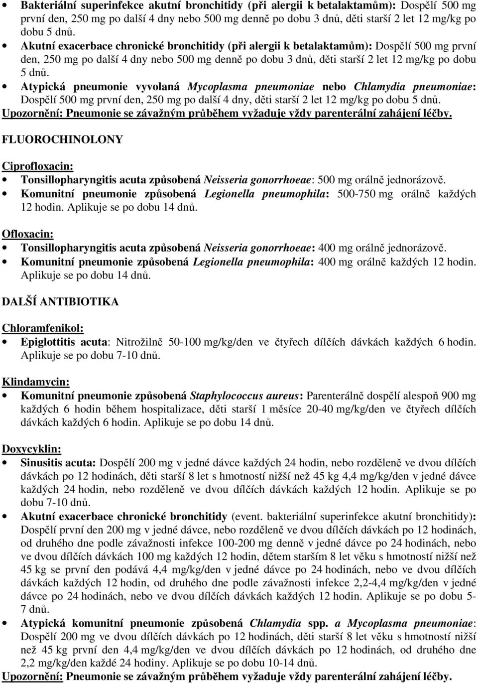 Atypická pneumonie vyvolaná Mycoplasma pneumoniae nebo Chlamydia pneumoniae: Dospělí 500 mg první den, 250 mg po další 4 dny, děti starší 2 let 12 mg/kg po dobu 5 dnů.