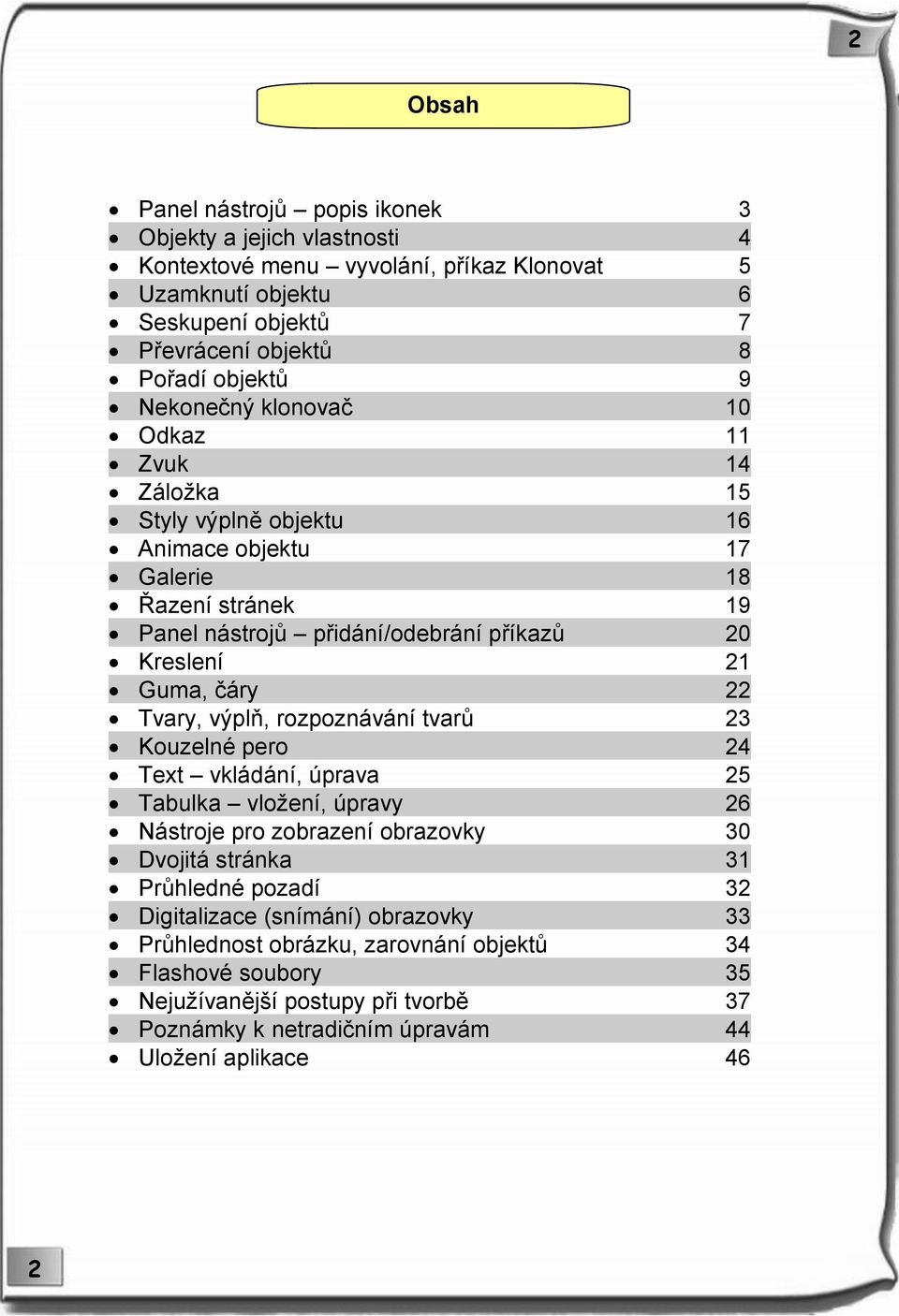 čáry 22 Tvary, výplň, rozpoznávání tvarů 23 Kouzelné pero 24 Text vkládání, úprava 25 Tabulka vložení, úpravy 26 Nástroje pro zobrazení obrazovky 30 Dvojitá stránka 31 Průhledné pozadí 32