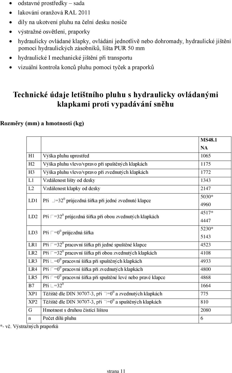 pluhu s hydraulicky ovládanými klapkami proti vypadávání sněhu Rozměry (mm) a hmotnosti (kg) MS48.