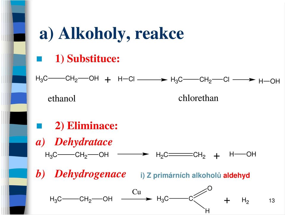 Dehydratace H 3 C CH 2 H 2 C CH 2 + H b) Dehydrogenace