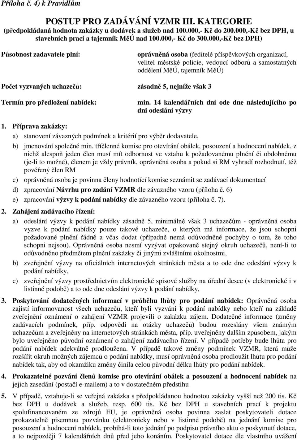 000,-Kč bez DPH) Působnost zadavatele plní: oprávněná osoba (ředitelé příspěvkových organizací, velitel městské policie, vedoucí odborů a samostatných oddělení MěÚ, tajemník MěÚ) Počet vyzvaných