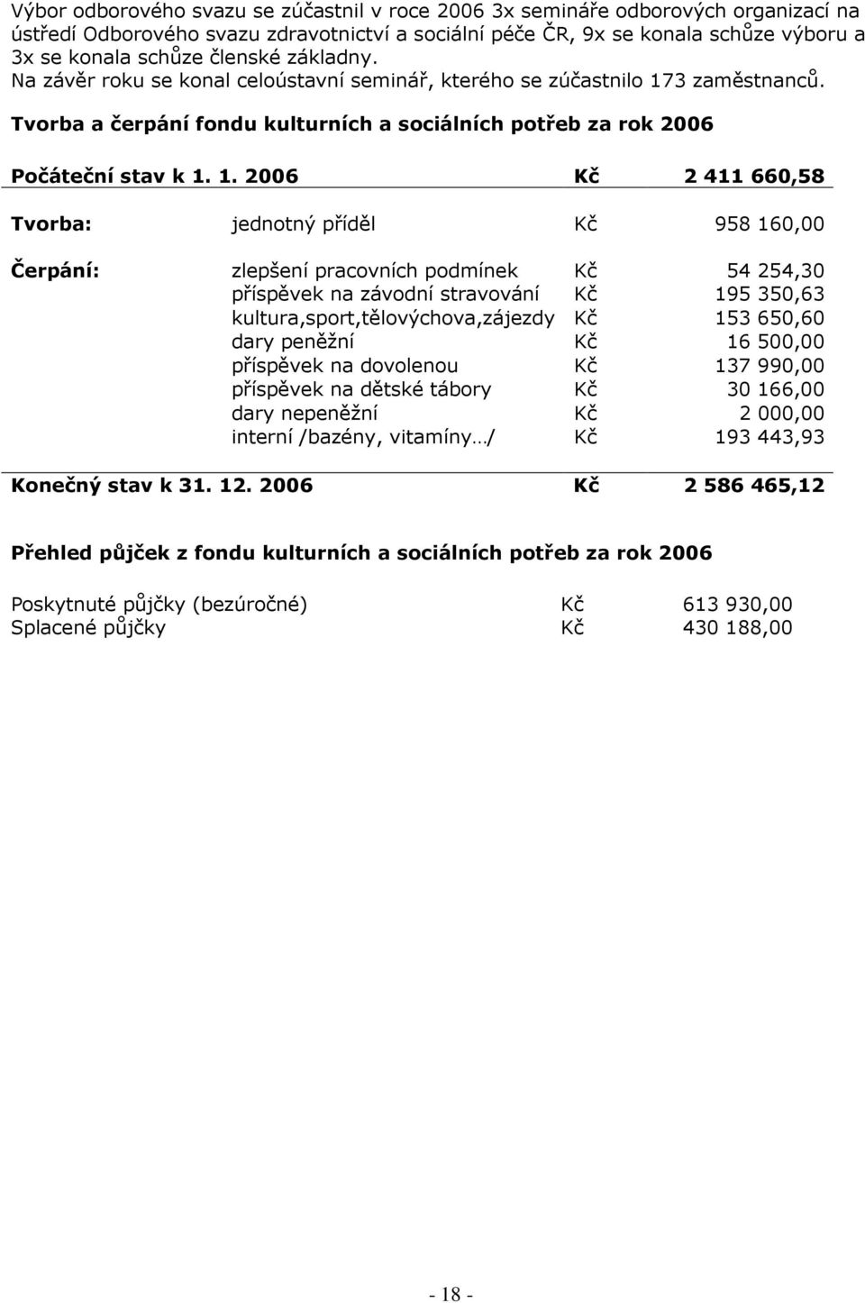 3 zaměstnanců. Tvorba a čerpání fondu kulturních a sociálních potřeb za rok 2006 Počáteční stav k 1.