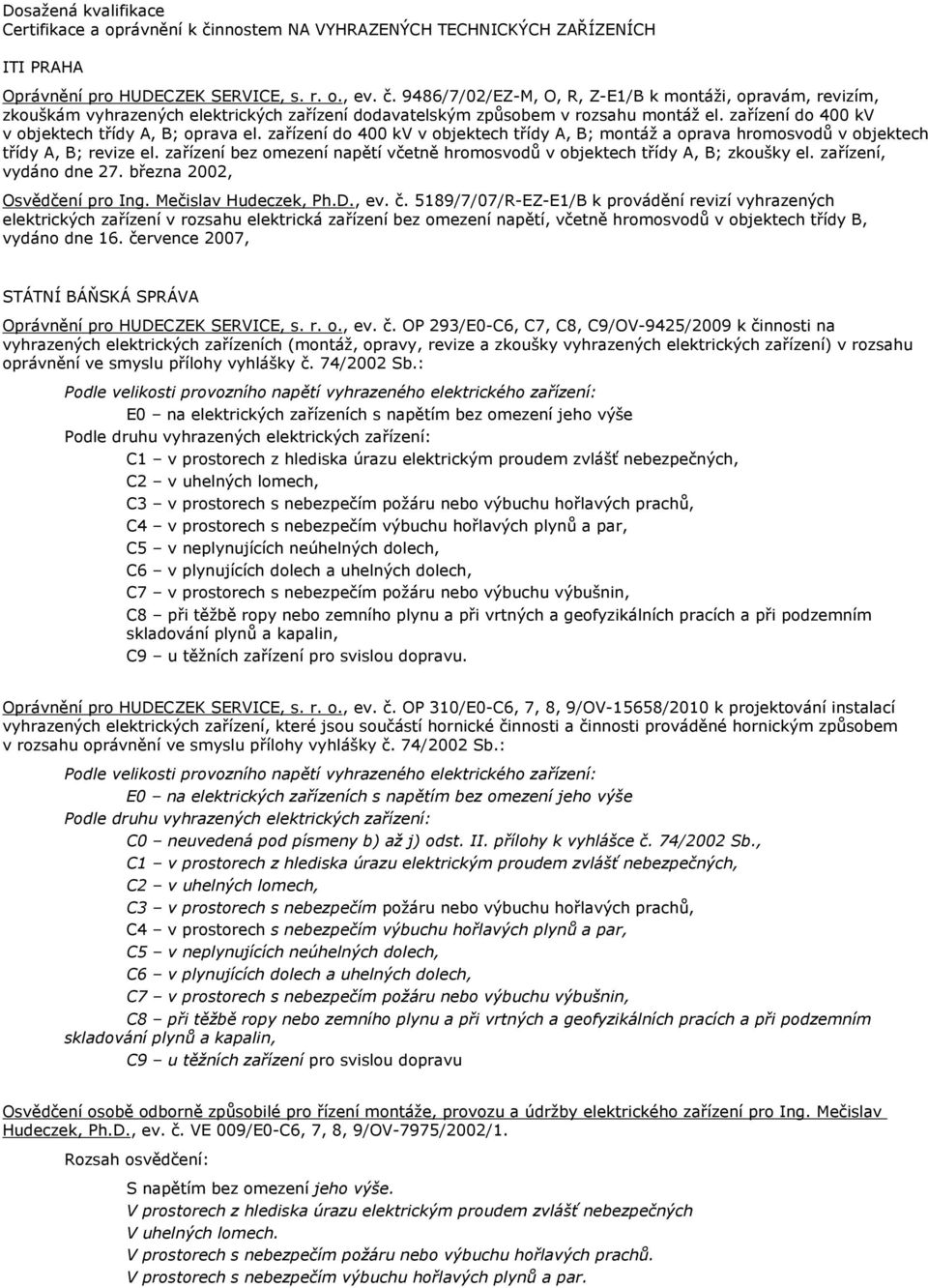zařízení bez omezení napětí včetně hromosvodů v objektech třídy A, B; zkoušky el. zařízení, vydáno dne 27. března 2002, Osvědčení pro Ing. Mečislav Hudeczek, Ph.D., ev. č.