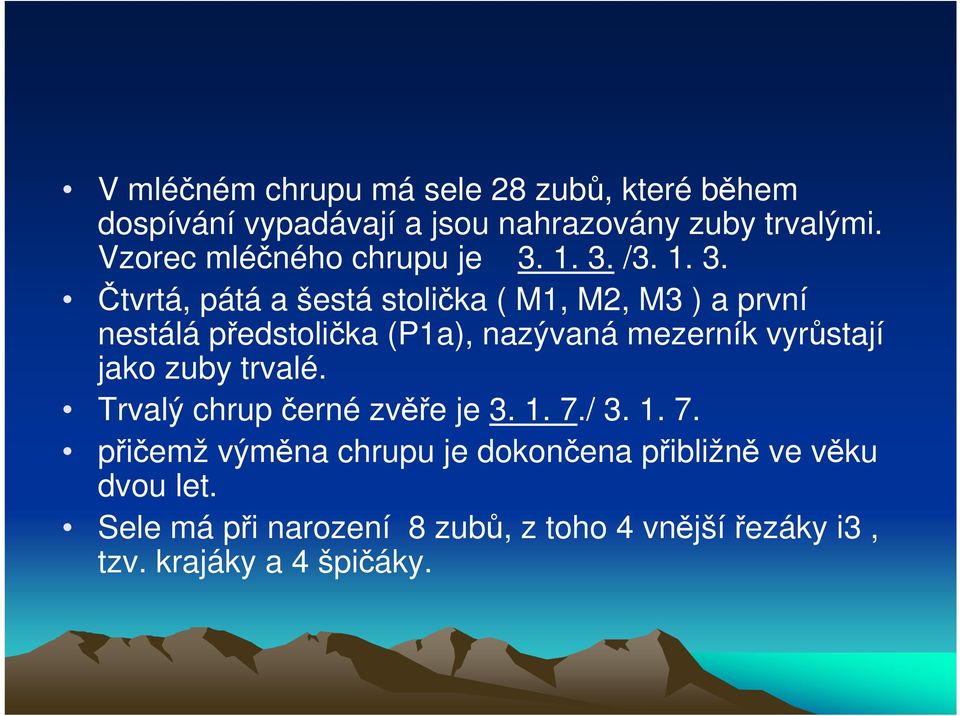 1. 3. /3. 1. 3. Čtvrtá, pátá a šestá stolička ( M1, M2, M3 ) a první nestálá předstolička (P1a), nazývaná mezerník