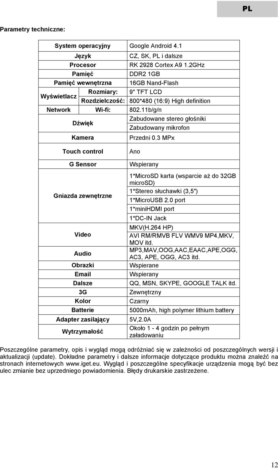 11b/g/n Dźwięk Zabudowane stereo głośniki Zabudowany mikrofon Kamera Przedni 0.