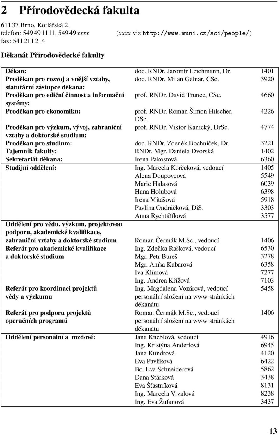 4660 systémy: Proděkan pro ekonomiku: prof. RNDr. Roman Šimon Hilscher, 4226 DSc. Proděkan pro výzkum, vývoj, zahraniční prof. RNDr. Viktor Kanický, DrSc.