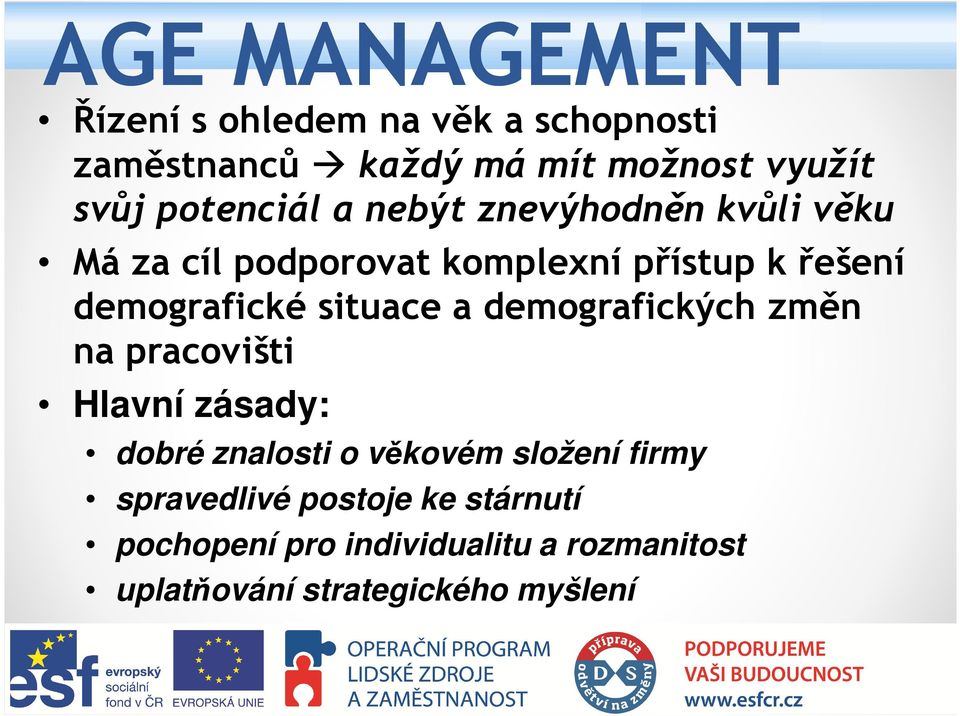 demografické situace a demografických změn na pracovišti Hlavní zásady: dobré znalosti o věkovém