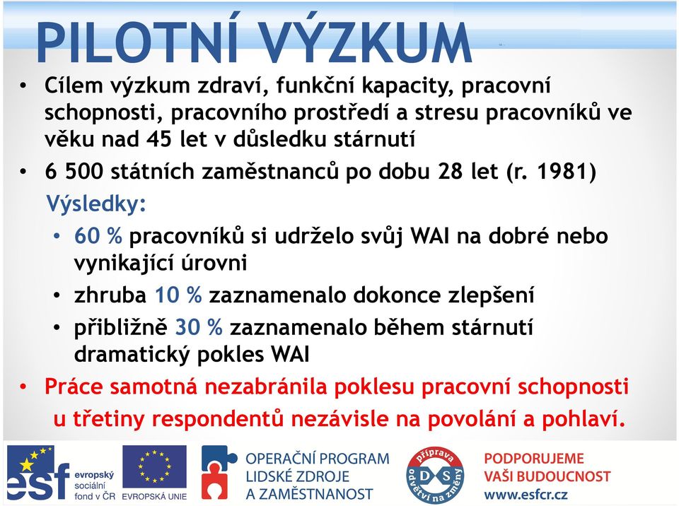 1981) Výsledky: 60 % pracovníků si udrželo svůj WAI na dobré nebo vynikající úrovni zhruba 10 % zaznamenalo dokonce zlepšení