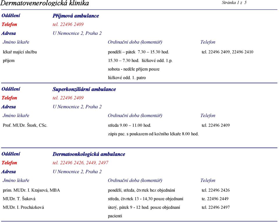 s poukazem od kožního lékaře 8.00 hod. Dermatoonkologická ambulance Telefon tel. 22496 2426, 2449, 2497 prim. MUDr. I. Krajsová, MBA pondělí, středa, čtvrtek bez objednání tel.