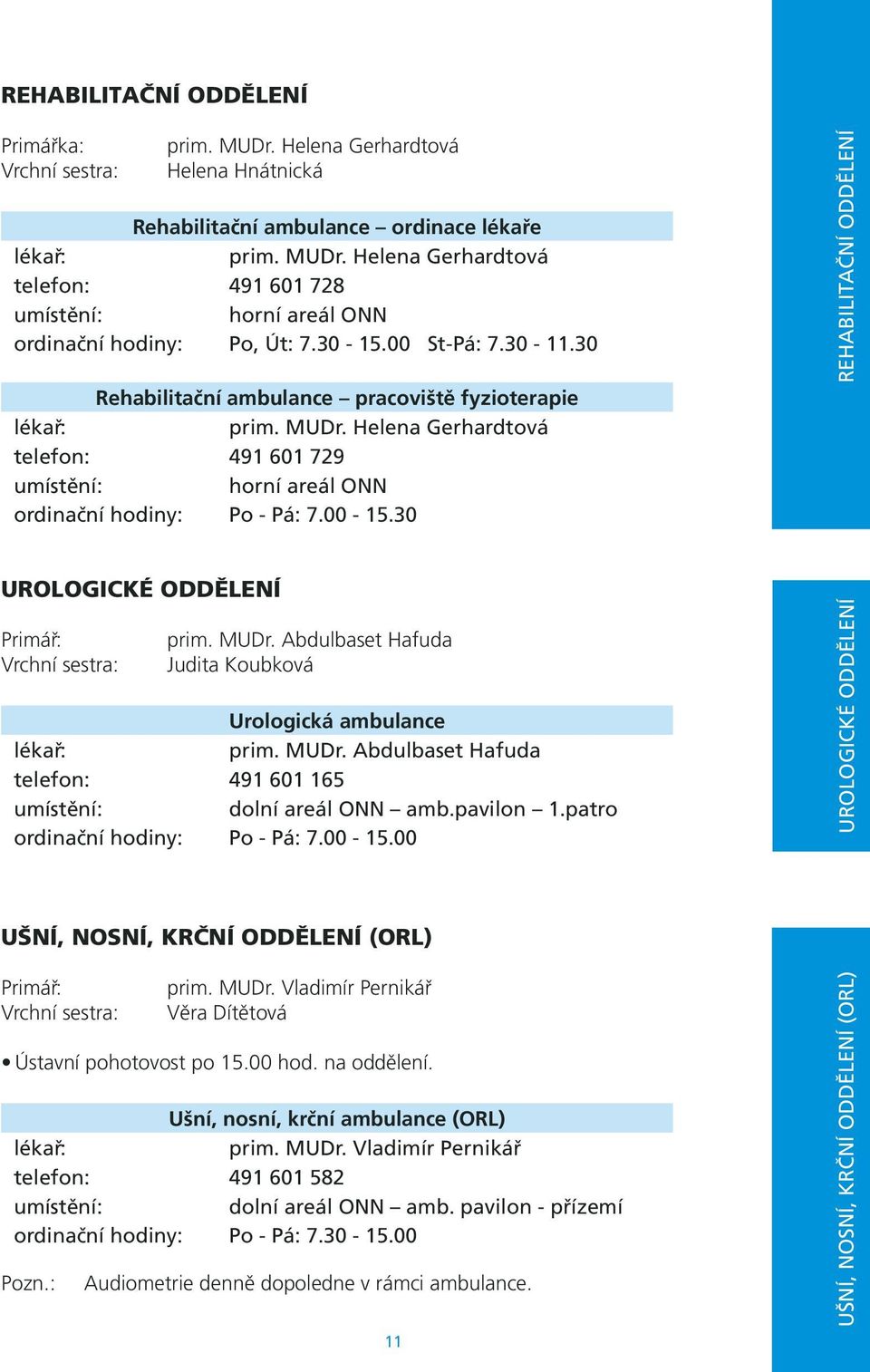 30 REHABILITAČNÍ ODDĚLENÍ UROLOGICKÉ ODDĚLENÍ prim. MUDr. Abdulbaset Hafuda Judita Koubková Urologická ambulance prim. MUDr. Abdulbaset Hafuda telefon: 491 601 165 dolní areál ONN amb.pavilon 1.