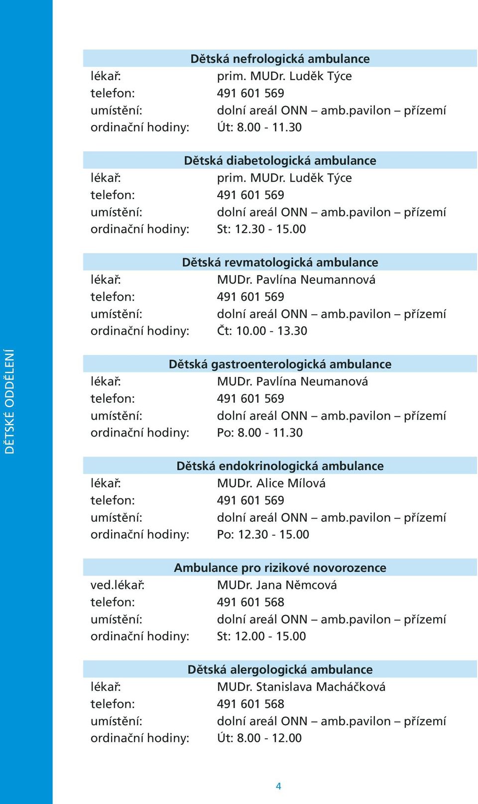 30 DĚTSKÉ ODDĚLENÍ Dětská gastroenterologická ambulance MUDr. Pavlína Neumanová telefon: 491 601 569 dolní areál ONN amb.pavilon přízemí ordinační hodiny: Po: 8.00-11.