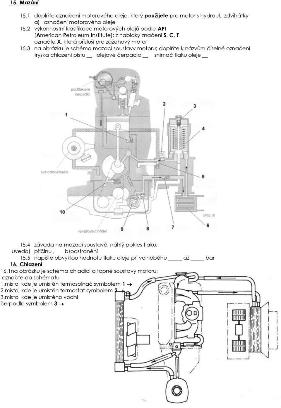 3 na obrázku je schéma mazací soustavy motoru; doplňte k názvům číselné označení tryska chlazení pístu olejové čerpadlo snímač tlaku oleje 15.
