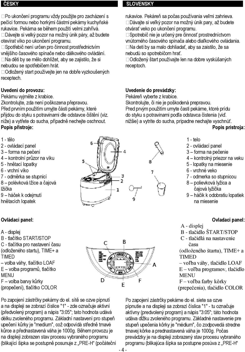 Na děti by se mělo dohlížet, aby se zajistilo, že si nebudou se spotřebičem hrát. Odložený start používejte jen na dobře vyzkoušených receptech. Uvedení do provozu: Pekárnu vyjměte z krabice.