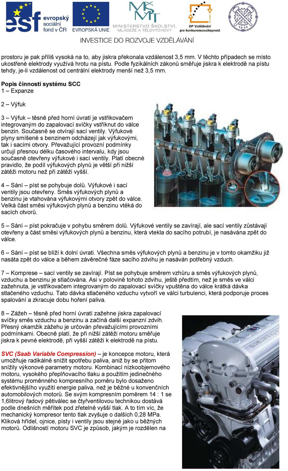 Popis činnosti systému SCC 1 Expanze 2 Výfuk 3 Výfuk těsně před horní úvratí je vstřikovačem integrovaným do zapalovací svíčky vstříknut do válce benzin. Současně se otvírají sací ventily.