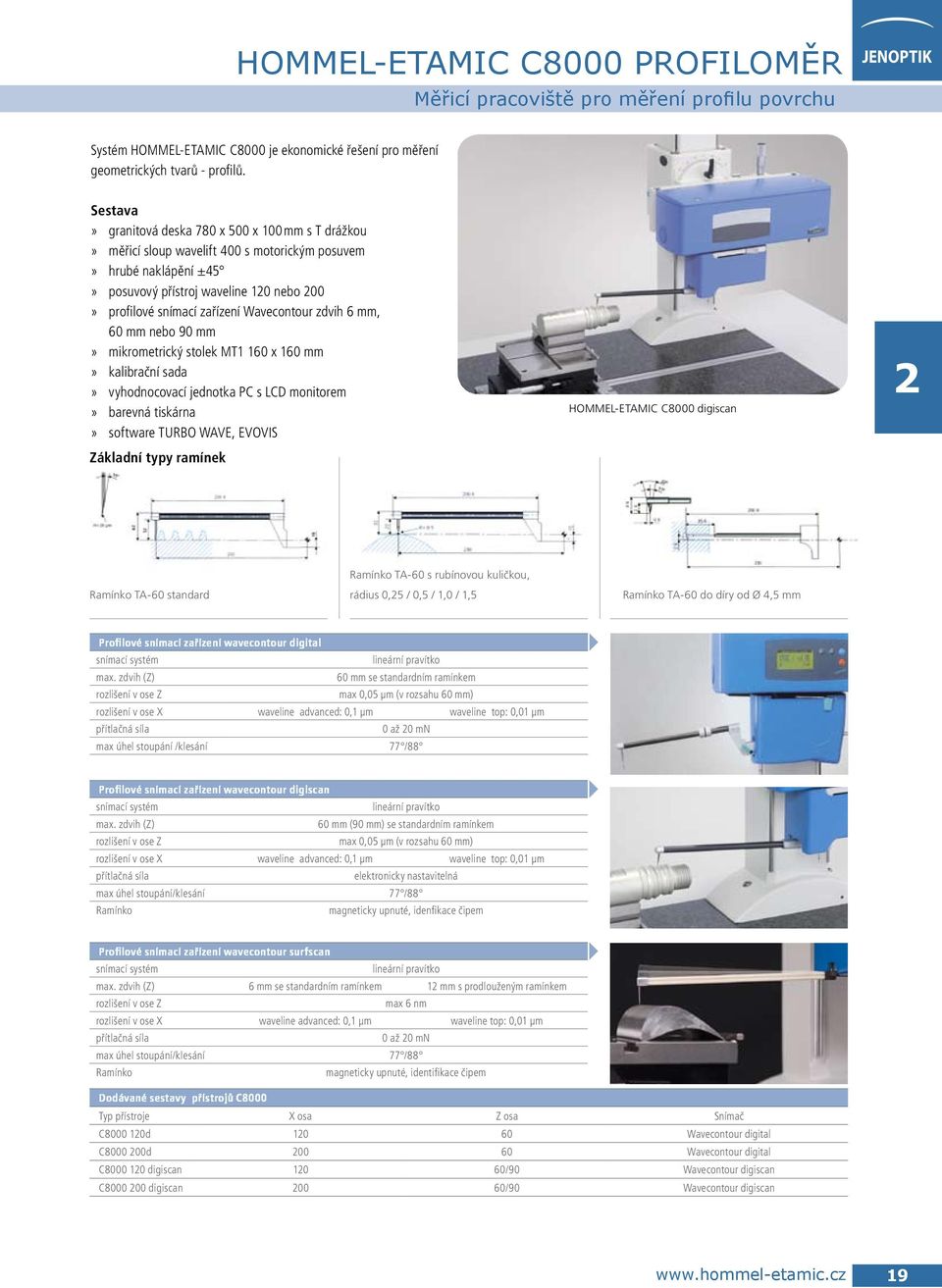 Waveconour zdvih 6 mm, 60 mm nebo 90 mm»» mikromerický solek MT1 160 x 160 mm»» kalibrační sada»» vyhodnocovací jednoka PC s LCD moniorem»» barevná iskárna»» sofware TURBO wave, Evovis Základní ypy