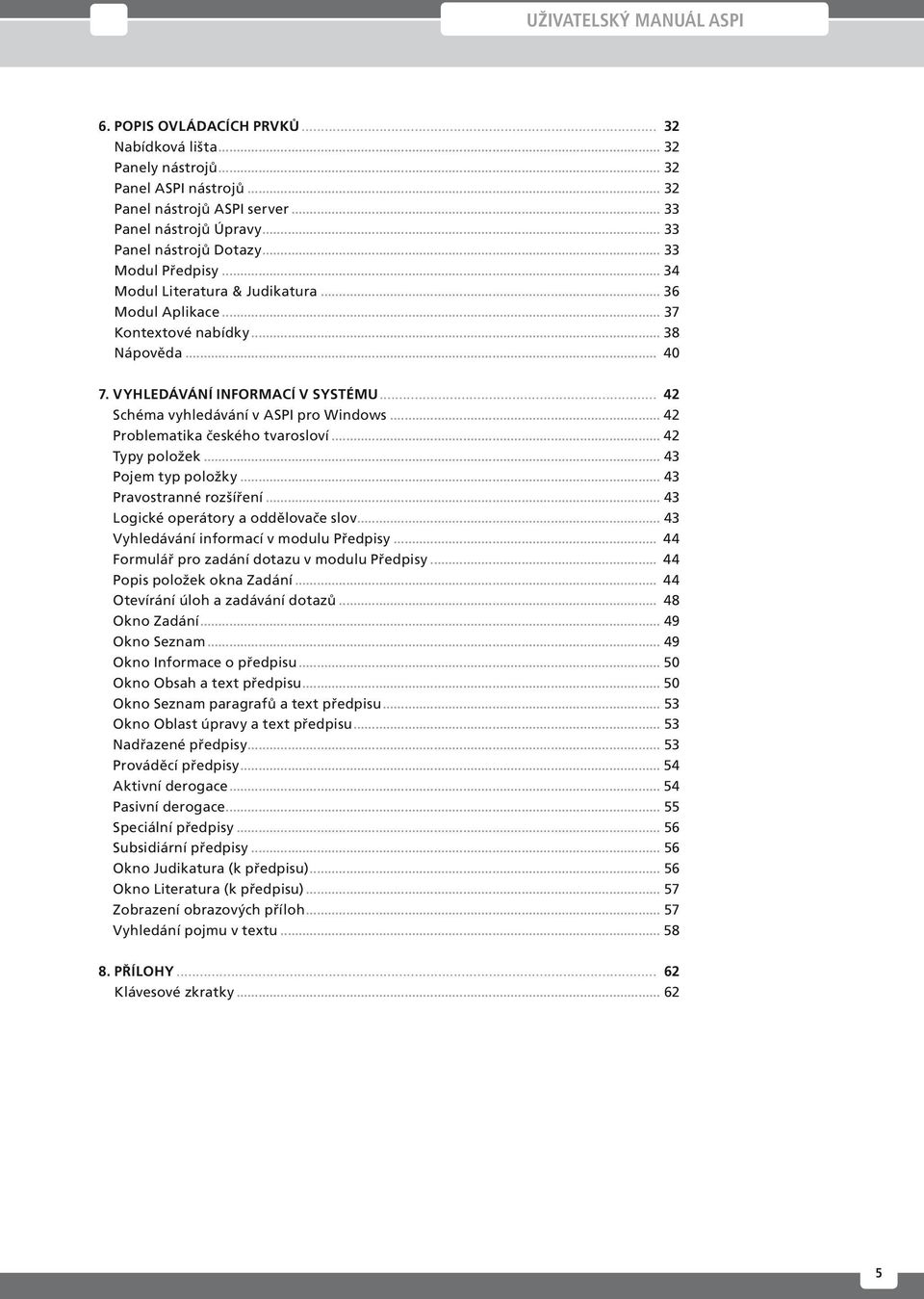 .. 42 Schéma vyhledávání v ASPI pro Windows... 42 Problematika českého tvarosloví... 42 Typy položek... 43 Pojem typ položky... 43 Pravostranné rozšíření... 43 Logické operátory a oddělovače slov.